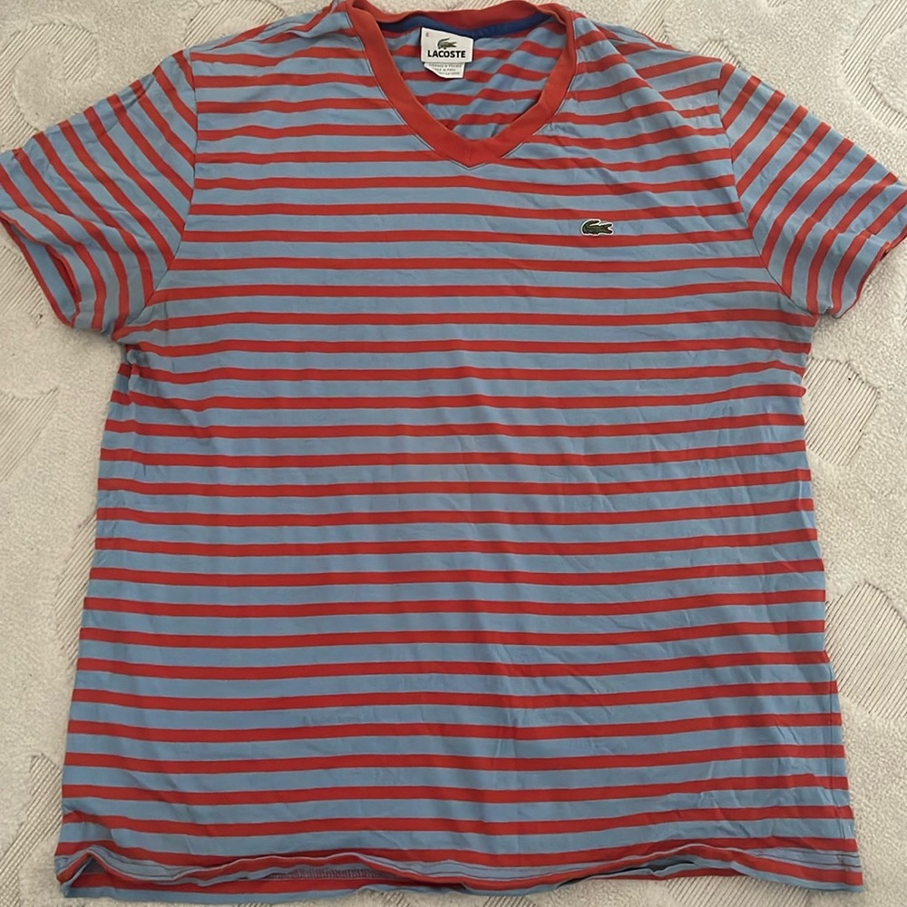 Mens Lacoste Blue-orange Striped V-Neck Shirt Size 6 Cotton Short